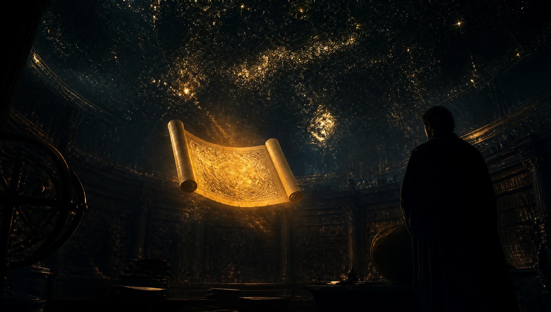 A glowing scroll suspended beneath a domed starfield inside an ancient library